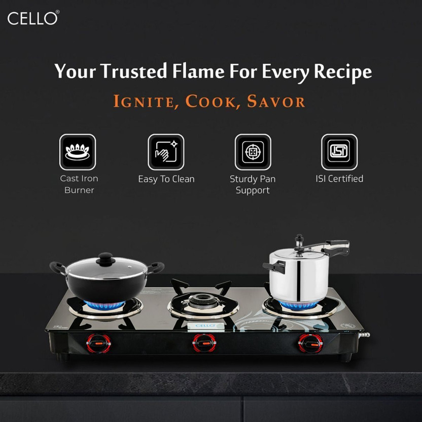 Cello Crowne 3 Burner Black
