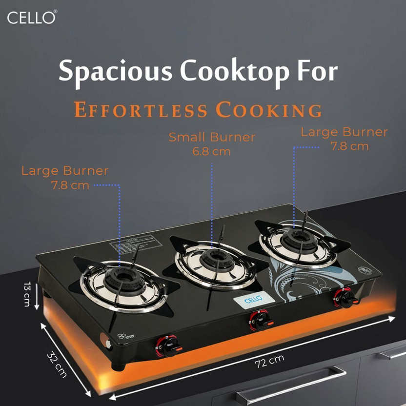 Cello Crowne 3 Burner Black