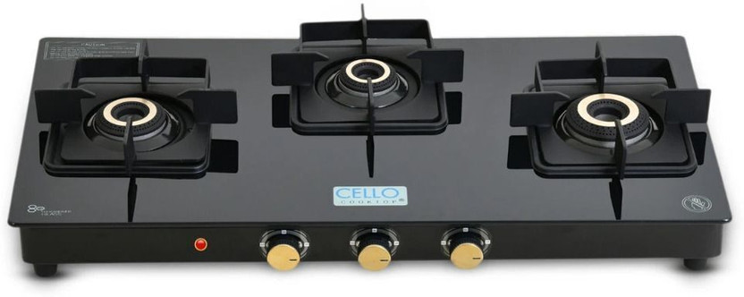 Cello Black Pearl 3 Burner Toughened Glass Top Gas Stove, Brass B...more