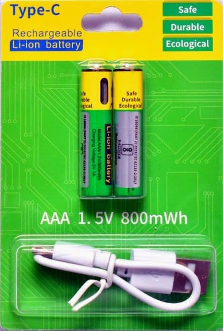 AAA Rechargeable Battery 800 mWh & 1.5V Lithium Ion USB Type-C Charging Cell, Triple A Direct Charge Battery with LED Indicator, Fast Rechargeable Battery for Remote, Mouse, Toys (1 Pair)