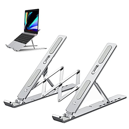 Atevon Foldable Aluminum Laptop Stand - 6-Level Adjustable Riser for 10-15.6 MacBook, Notebooks & Tablets | Portable Holder for Desk, Office, Reading (Silver)