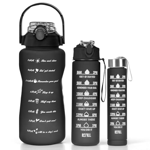 TEKCOOL Water Bottle - 3Pcs 2L,750ml & 300ml Light-weight, Leak-proof, BPA-free Motivational Water Bottle Sipper, Time Marker & Mobile Holder for Online Gym Kids,Adults Office (Black) Plastic