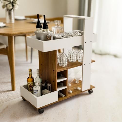 Barista Bar Trolley 3-Tier Engineered Wood Rolling Bar Cart, Wine Serving Cart with Wheels and Seasoning Rack, Ideal for Dining Room Trolley - White and Leon Teak Finish