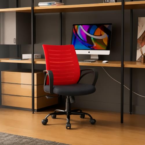 CELLBELL Desire C104 Mesh Mid Back Ergonomic Office Chair/Study/Revolving/Computer for Work from Home Metal Base Seat Height Adjustable Chair (Red)