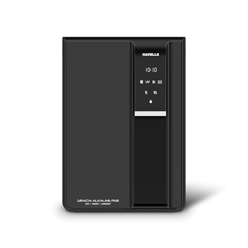 Havells Gracia FAB Alkaline Water Purifier (Black), RO+UV+Alkaline, Hot, Warm & Ambient Water, Copper+Zinc+Minerals, 9 Stage Purification, 6.5L SS Tank, Suitable for Borewell, Tanker & Municipal Water