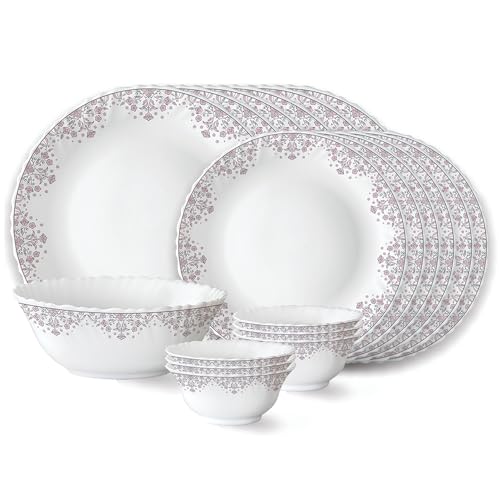 Larah by Borosil Lark Fluted Series Opalware Dinner Set | 19 Pieces for Family of 6 | Microwave & Dishwasher Safe | Bone-Ash Free | Crockery Set for Dining & Gifting | Plates & Bowls | White