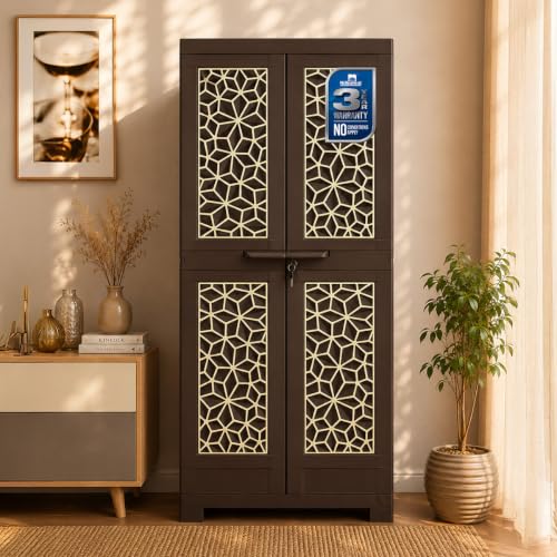 Nilkamal Freedom Big FMM Plastic Cabinet | 3-Year Warranty | 4-Shelf Storage Cupboard with Doors | Multi Organizer for Home, Wardrobe | Clothes Rack, Shelves, Almirah (Weathered Brown & Biscuit)