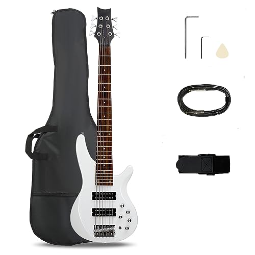 Ktaxon Electric Bass Guitar 6 String Bass Guitar Kit for Beginners | Professional H-H pickup, 3 Way Pickup Selector, Unique Body Design| With Cable, Strap, Wrench & Picks(Upgraded White)