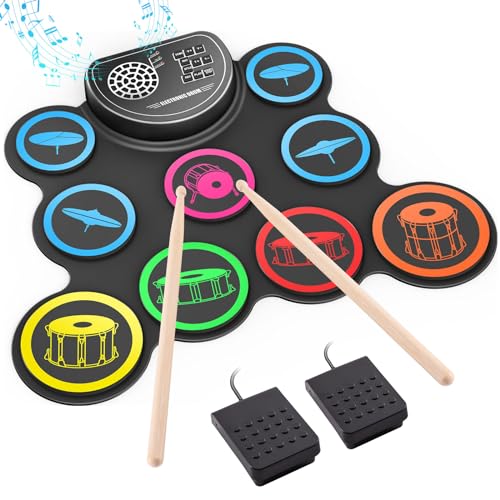 Sboet - Electronic drum set, 9 drum practice pad with headphone jack, roll up drum kit machine with built-in drum pedals and sticks 10 hours of