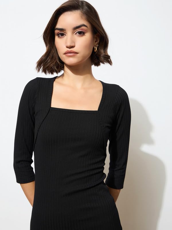 barcino Black Rib Square Neck Sticth Detail Midi Dress - Image 5