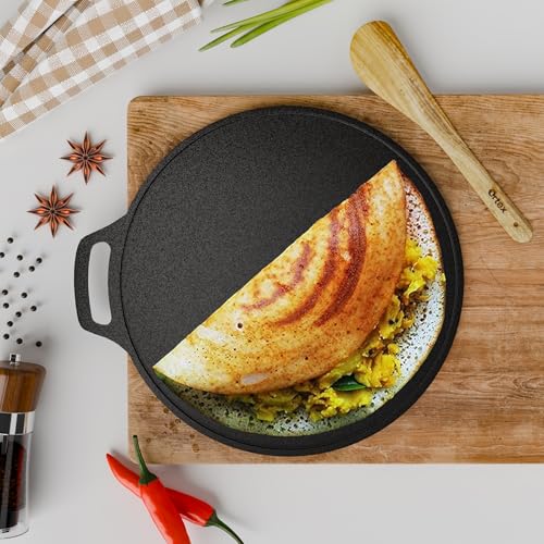 Ortex Cast Iron Dosa Tawa - Cast Iron Tawa for Roti and Dosa | Durable and Versatile Cookware for Healthy Cooking 10 Inch (26 cm), Black