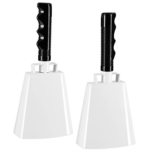Cowbell with Handle - 2-Pack Cow Bell Noismakers, Loud Call Bells for Cheers, Sports Games, Weddings, Farm, White, 3 x 9.125 x 2 Inches