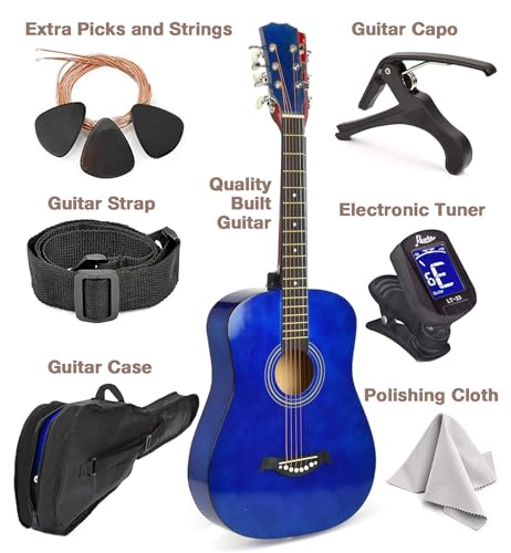 Natural Wood Guitar with Case for Kids/Boys/Beginners (30" Blue) - Image 2