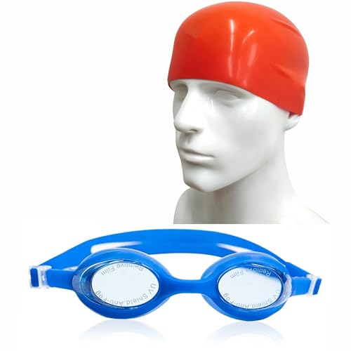 Swimming Set Combo with Goggles, Cap, Nose & Ear Plugs (Blue Red)