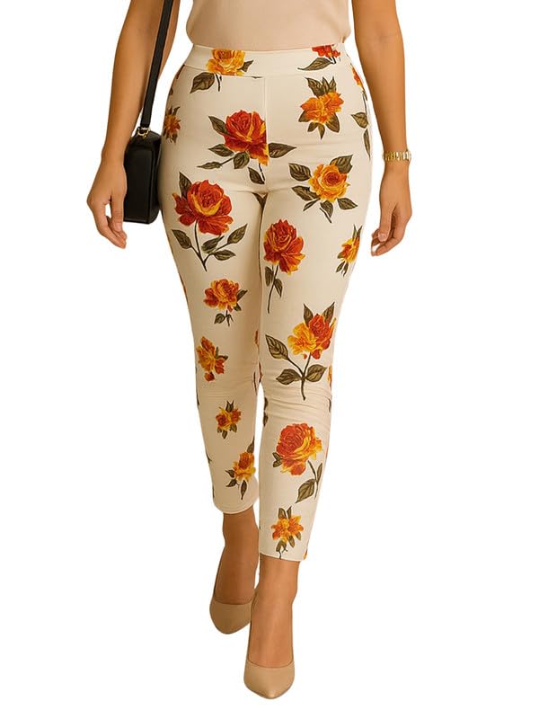 DTR FASHION Women's White Printed Stretchable Cotton Blend Casual Jegging
