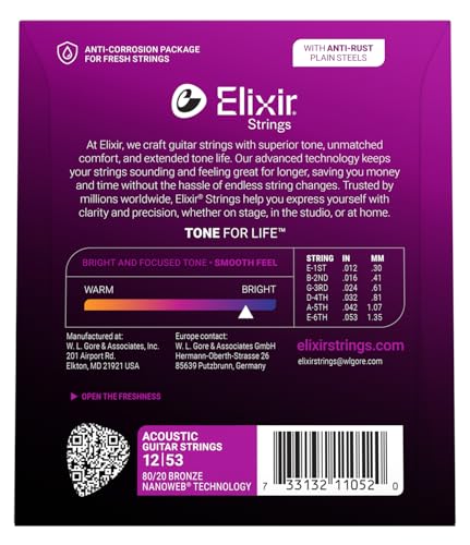 Elixir Light Nanoweb 80/20 Bronze Acoustic Guitar Strings - Image 2