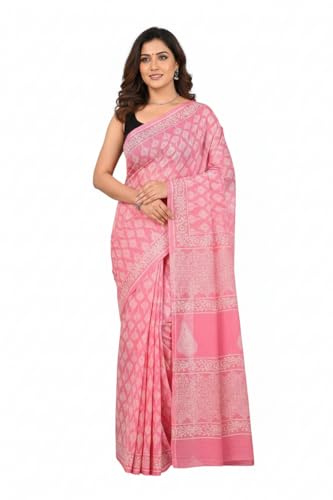 Handmade Mulmul Cotton Printed Saree For Women Handloom Saree (Baby Pink)