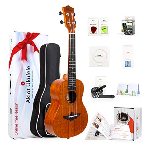 Ukulele Solid Mahogany 23 Inch Concert Uke With Free Online Course 8 Packs Beginner Starter Kit (Gig Bag Picks Tuner Strap String Cleaning Cloth Instruction Book Gift Box) From AKLOT