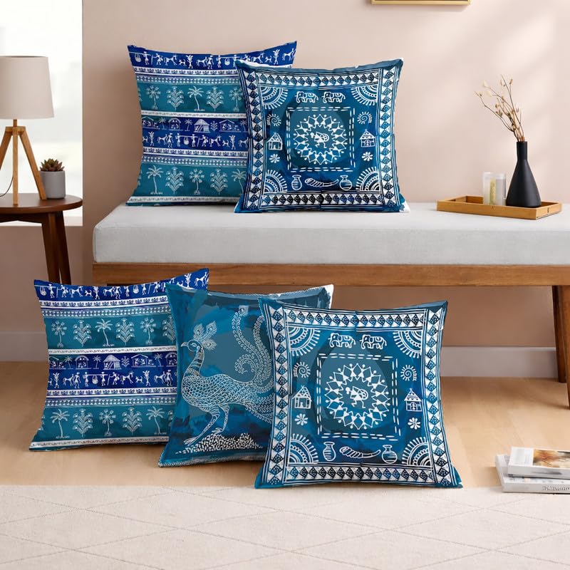 STITCHNEST Indigo Tribal Warli Art Printed Cushion Cover Set of 5 | 12x12 Inches Decorative Sofa Cushion Covers | Premium Polycotton Ethnic Throw Pillow Covers for Living Room Home Décor