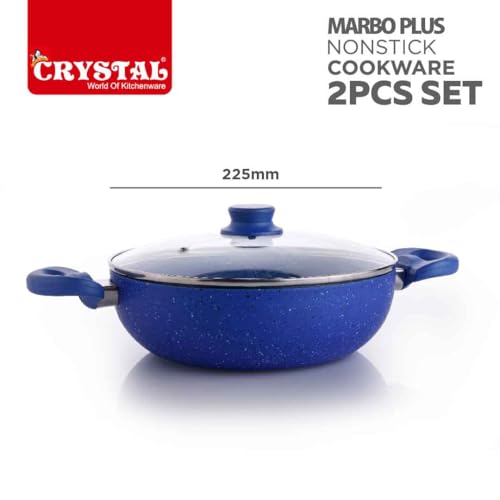 Crystal 225mm Kadai + 225mm Fry Pan with Glass Lid | 2Pcs Set| Blue - Image 6