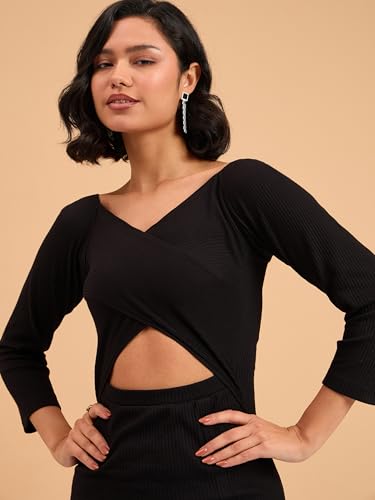 barcino Black Rib Side Slit Wrap Neck Cut-Out Midi Dress - Image 4