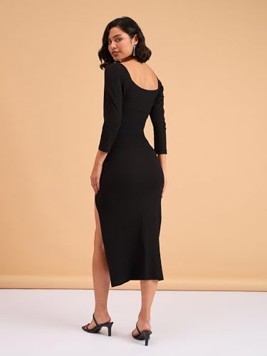 barcino Black Rib Side Slit Wrap Neck Cut-Out Midi Dress - Image 5