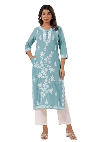 Janasya Women's Light Blue Pure Cotton Embroidered Straight Kurta