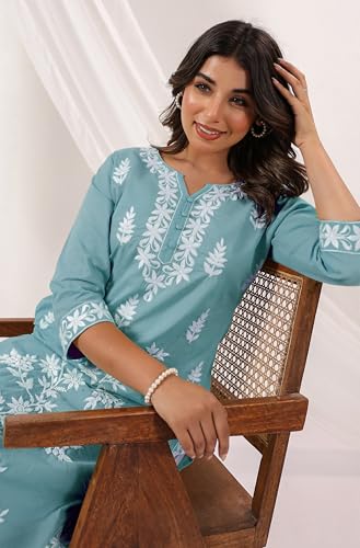Janasya Women's Light Blue Pure Cotton Embroidered Straight Kurta - Image 2