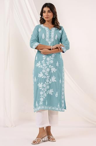 Janasya Women's Light Blue Pure Cotton Embroidered Straight Kurta - Image 3
