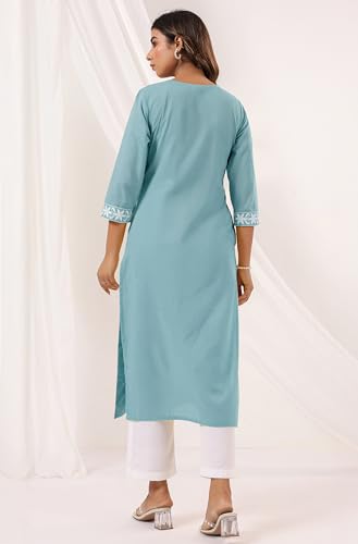 Janasya Women's Light Blue Pure Cotton Embroidered Straight Kurta - Image 4