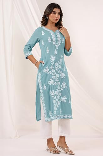 Janasya Women's Light Blue Pure Cotton Embroidered Straight Kurta - Image 5