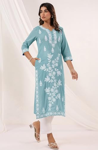 Janasya Women's Light Blue Pure Cotton Embroidered Straight Kurta - Image 6
