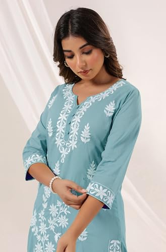 Janasya Women's Light Blue Pure Cotton Embroidered Straight Kurta - Image 7