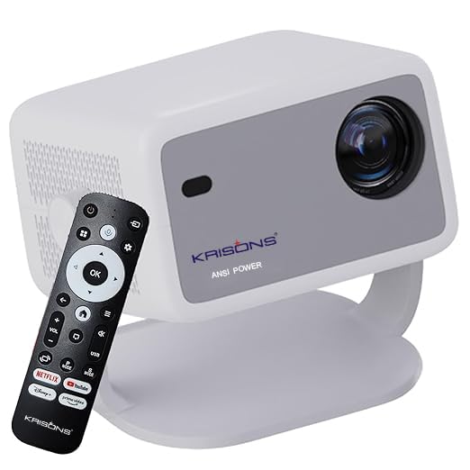 Krisons Razor 006 Smart Projector|1080P Native |4K HD Licensed Netflix/Google|Bluetooth Voice Remote|Upto14000 Lumens|Wi-Fi 6/BT5.4|Android|Auto Focus/Keystone |Primevideo,Hotstar,NetfliX (White Grey)