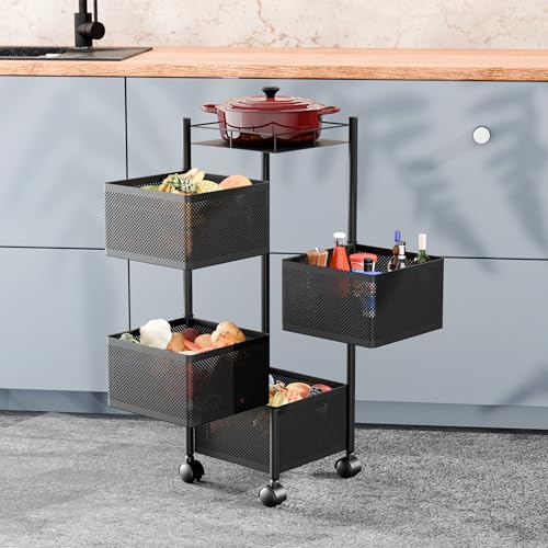 TEX-RO Kitchen Trolley with Wheels | 4-Layer Metal Vegetable Basket Stand & Kitchen Storage Rack | Multipurpose Kitchen Organizer for Onion Potato Storage (Small,Black)