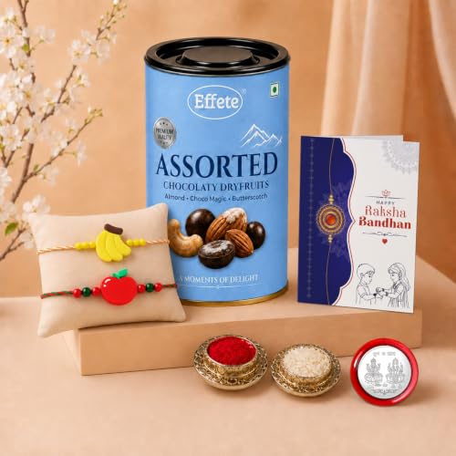Oblivion Banana, Apple Multicolor Rakhi for Brother & Bhaiya with Assorted Chocolate Dryfruits 96gm - Raksha Bandhan Gift Set, Roli Tikka, Pooja Coin, Greeting Card | Thoughtful Token, Pack of 6