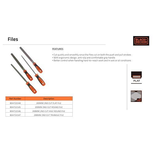 BLACK+DECKER Steel 200mm 2nd Cut Flat File (Orange) (BDHT22144) - Image 7