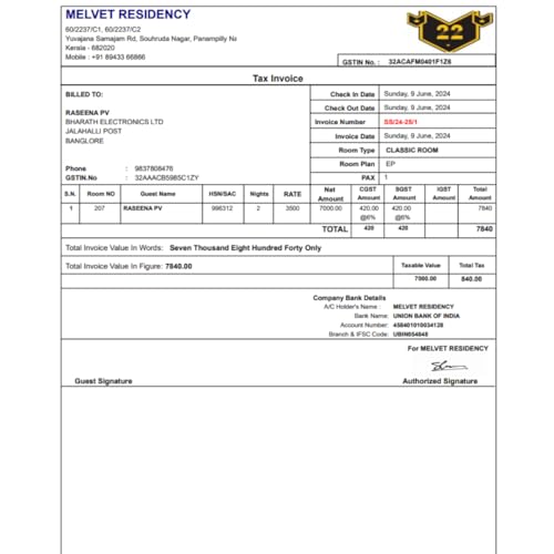 Hargun Shop Hotel Billing Invoice