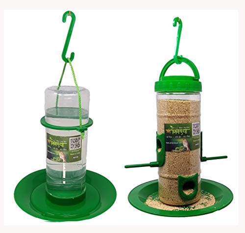 Amijivdaya Medium Bird and Water Feeder Combo (Green, Transparent)