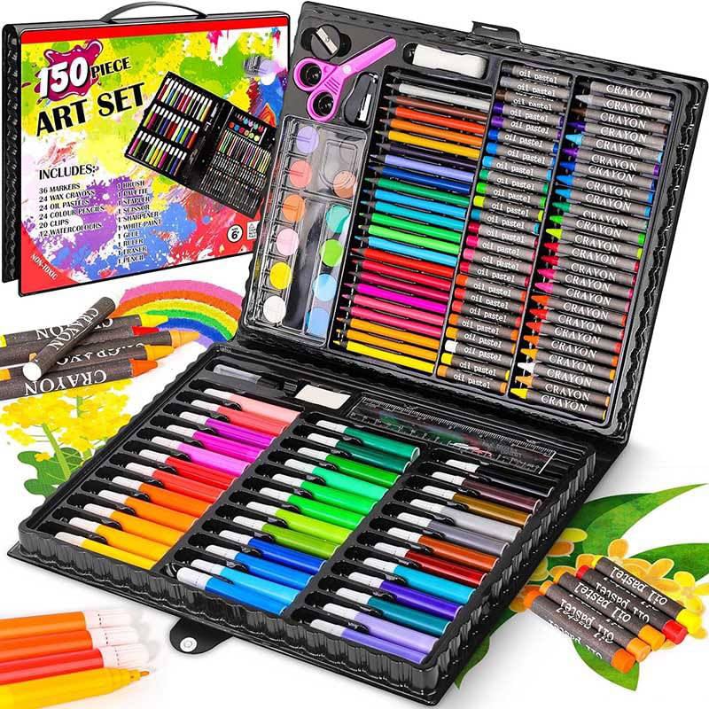 Cable World Arts and Crafts Supplies, 150-Pack Drawing Painting Set for Kids Girls Boys Teens, Coloring Art Kit Gift: Crayons, Oil Pastels, Watercolors Cake, Colored Pencils Markers