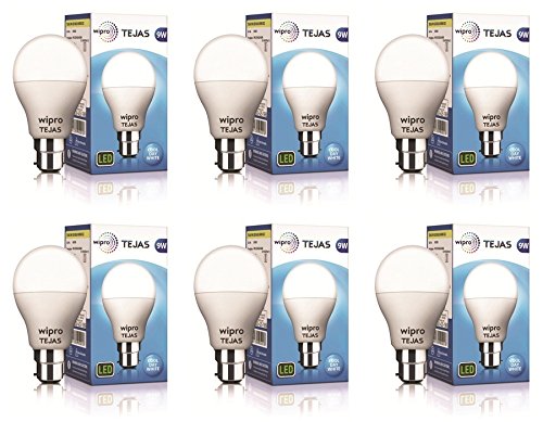 wipro 9W B22 LED White Bulb, Pack of 6 (Tejas)