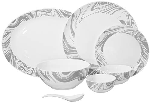 Larah by Borosil - Moon Series, Marble 33 Pieces Opalware Dinner Set, White