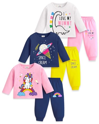 Kuchipoo Girls Regular Fit Cotton T-Shirts and Pyjamas Clothing Set-Pack of 3