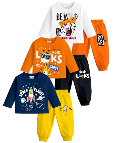 Kuchipoo Boys Regular Fit Cotton T-Shirts and Pyjamas Clothing Set-Pack of 3