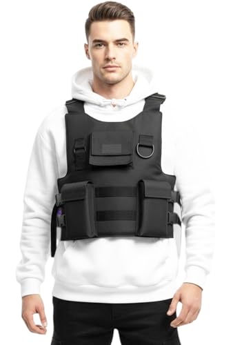 YoungCash Tactical Vest, Black, Multi-Pocket Chest Rig, Adjustable Straps, D-Ring Attachments, Utility Carrier