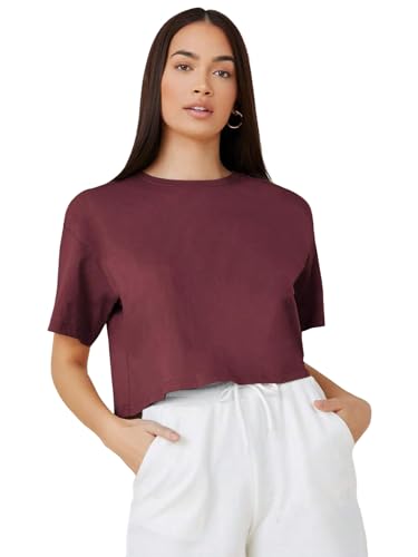 KOTTY Women's Solid Cotton Blend Oversized Crop T-Shirt | Casual Summer Tee