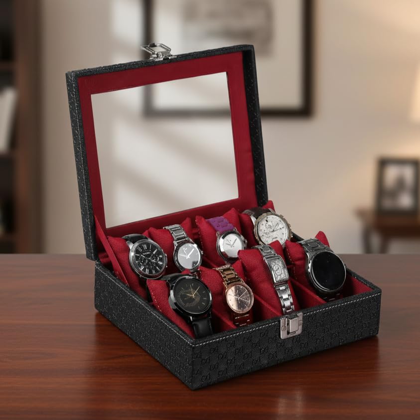 STORESHINE Unisex 8 Slots Watch Organiser Box Black and Maroon