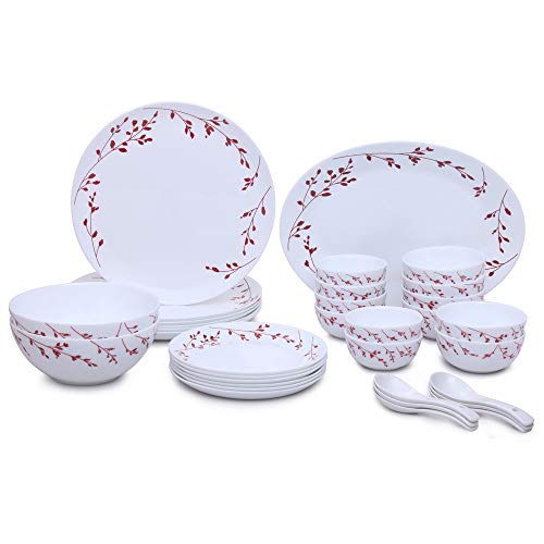 Larah by Borosil - Moon Series, Vintage 33 Pieces Opalware Dinner Set, White