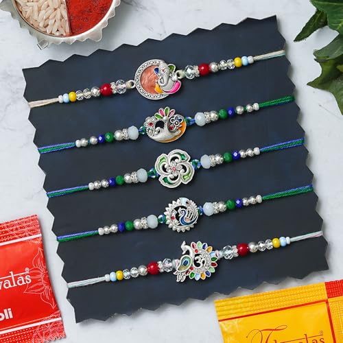 Rakhi for Brother Set of 5 Rakhi With Roli Chawal and Best Wishes Card - Image 2