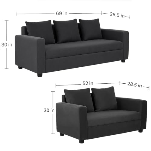 FURNY Liveno 5 Seater 3+2 Fabric Sofa Set (Dark Grey) - Image 3